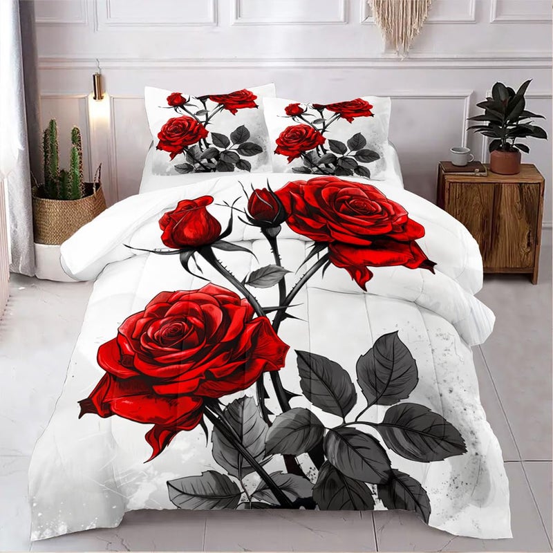 Ccoutuechen Red Rose Comforter Set King Size 3 Pieces Romantic Roses Floral Bedding Set For Women Adult Stylish Aesthetic Bedding Soft Lightweight Comforter With 2 Pillowcases - Image 1