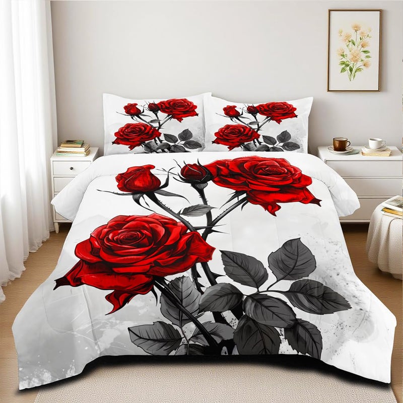 Ccoutuechen Red Rose Comforter Set King Size 3 Pieces Romantic Roses Floral Bedding Set For Women Adult Stylish Aesthetic Bedding Soft Lightweight Comforter With 2 Pillowcases - Image 2