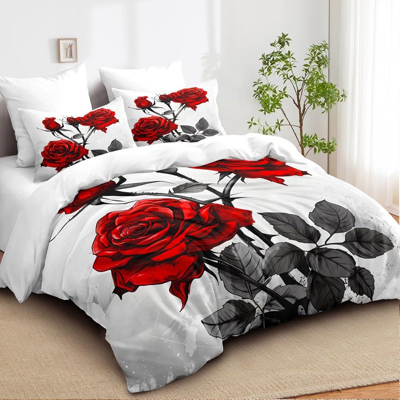 Ccoutuechen Red Rose Comforter Set King Size 3 Pieces Romantic Roses Floral Bedding Set For Women Adult Stylish Aesthetic Bedding Soft Lightweight Comforter With 2 Pillowcases - Image 3