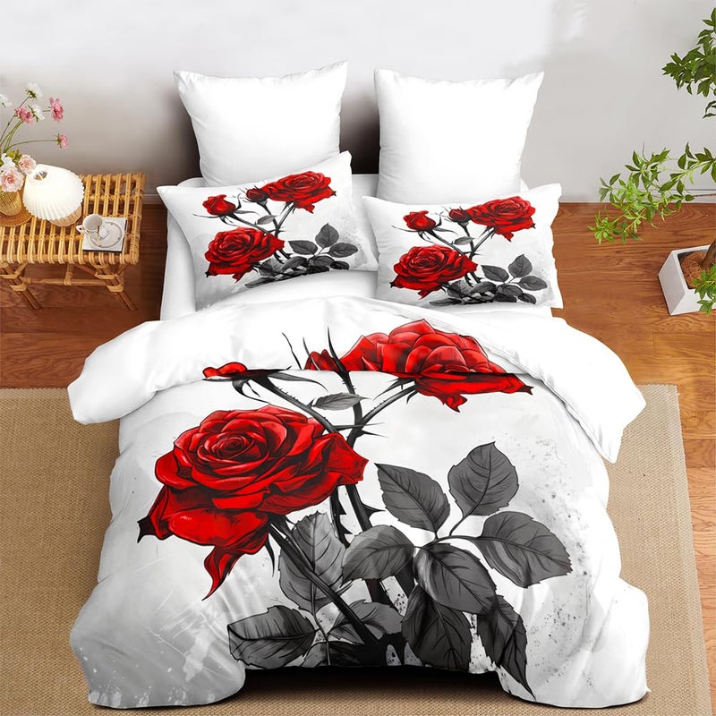 Ccoutuechen Red Rose Comforter Set King Size 3 Pieces Romantic Roses Floral Bedding Set For Women Adult Stylish Aesthetic Bedding Soft Lightweight Comforter With 2 Pillowcases - Image 4
