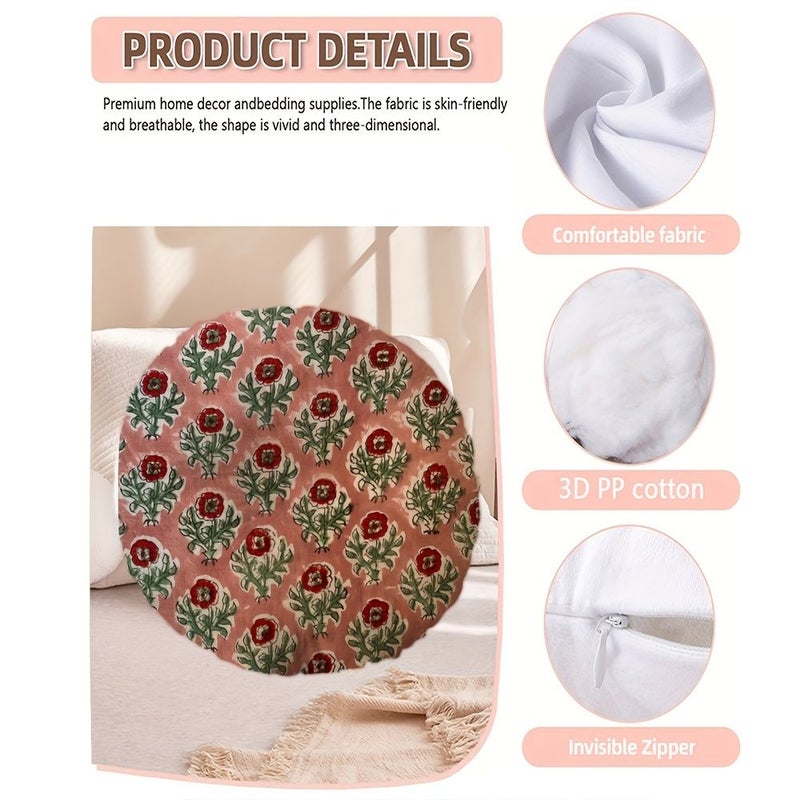 Indian Anokhi Hand Block Print 16x16 Inch Round Pillow Insert Double Sided Soft Microfiber Cover - Image 2
