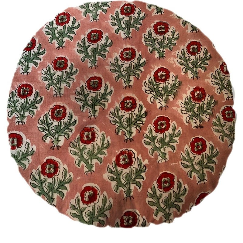 Indian Anokhi Hand Block Print 16x16 Inch Round Pillow Insert Double Sided Soft Microfiber Cover - Image 1