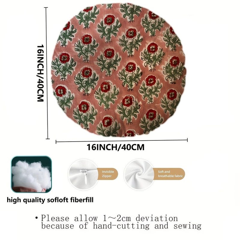 Indian Anokhi Hand Block Print 16x16 Inch Round Pillow Insert Double Sided Soft Microfiber Cover - Image 3