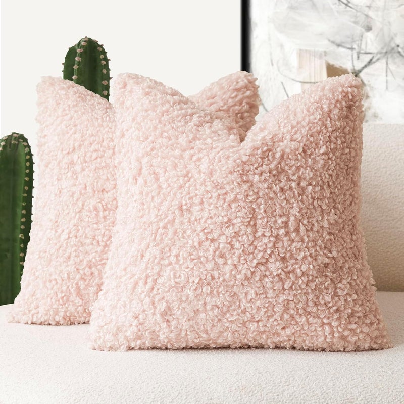 Foindtower 2 Pieces 16x16 Inch Light Pink, Faux Fur Throw Pillow Cover Accent Sherpa Furry Pillow Covers Fuzzy Soft Pillowcases Cozy Sheepskin Decorative Fleece Cushion Case for Bed Couch Living Room - Image 1