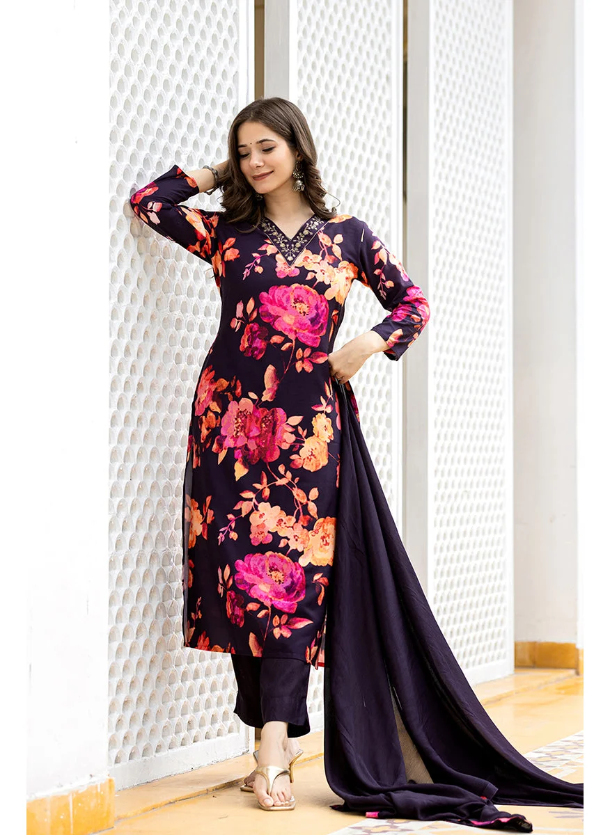 زيري سوق Purple Rayon Blend Floral Printed Straight Kurta Set