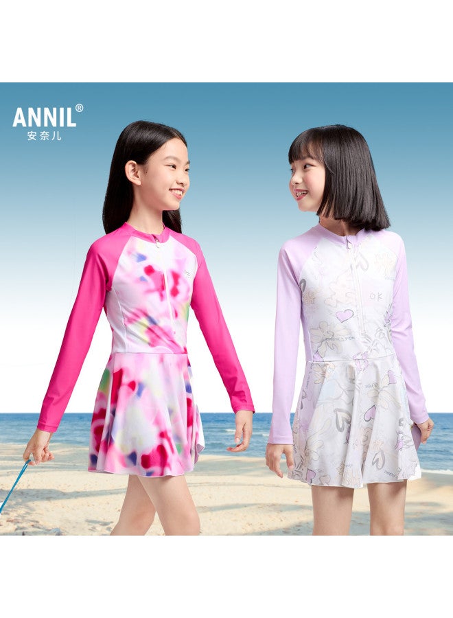 Annil طقم ملابس سباحة قطعة واحدة بأكمام طويلة للفتيات، موضة صيف 2025 الجديدة لملابس السباحة قطعة واحدة للأطفال الكبار - Image 5