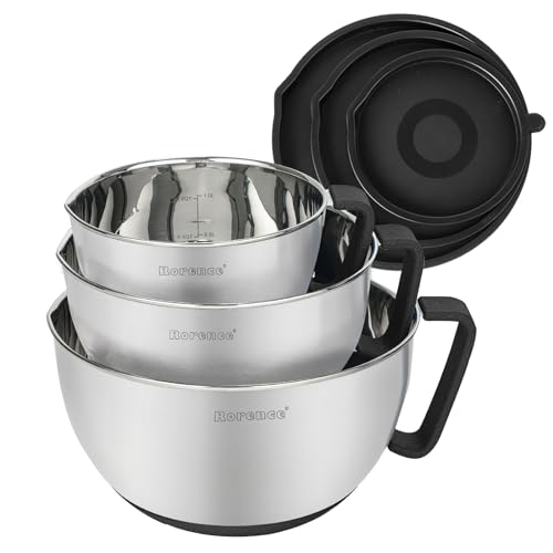 Rorence Stainless Steel NonSlip Mixing Bowls With Pour Spout Handle and Lid Set of 3 Black