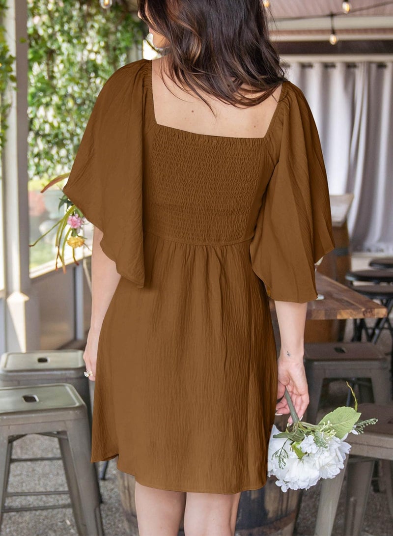 Dokotoo Chocolate Brown Dress Dresses for Women 2026 Casual Summer Deep V Neck Wedding Guest Cute Outfits Dresses for Women Fashion Casual Sexy Ruffle Elegant Bow Tie Mini Dress - Image 4