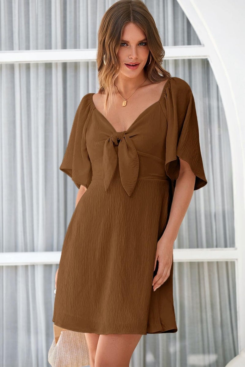 Dokotoo Chocolate Brown Dress Dresses for Women 2026 Casual Summer Deep V Neck Wedding Guest Cute Outfits Dresses for Women Fashion Casual Sexy Ruffle Elegant Bow Tie Mini Dress - Image 5