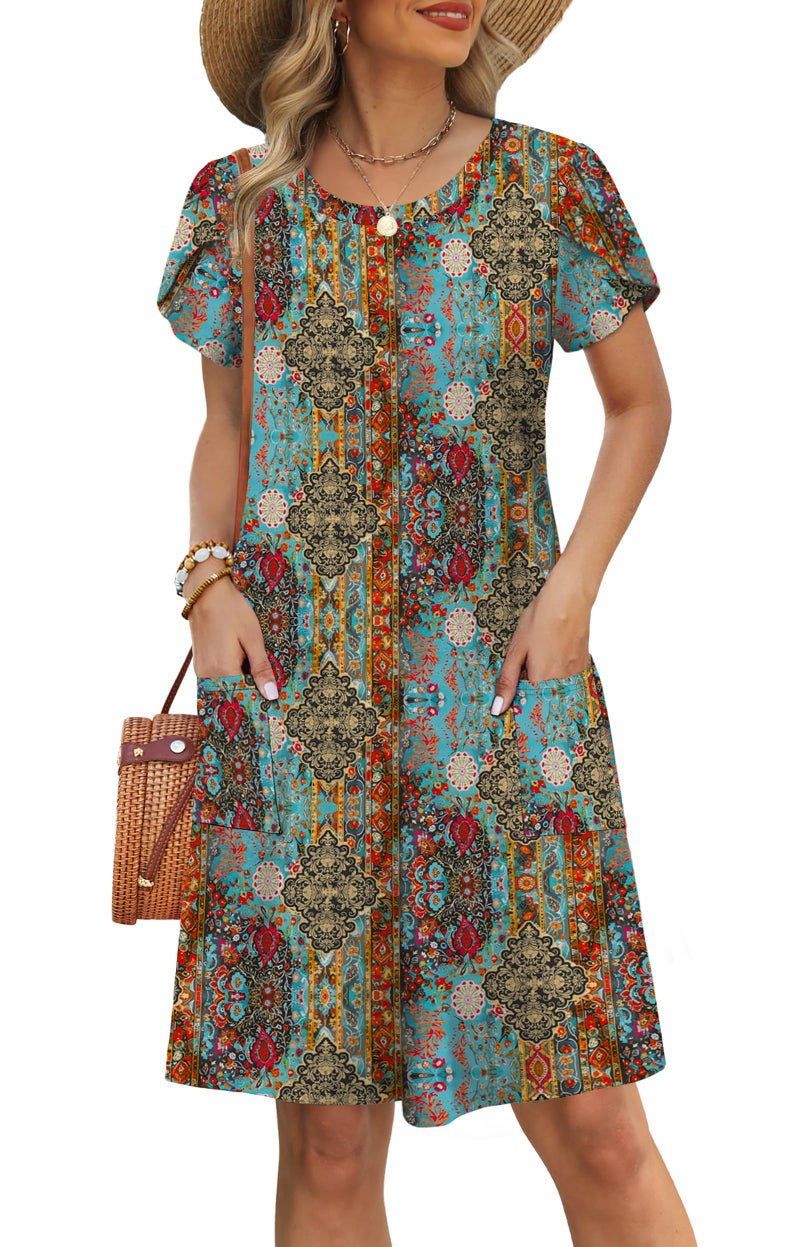 OFEEFAN Casual Dresses for Women Summer Dress African Dresses with Pockets Short Sleeve Vintage Dress Orange Paisley L - Image 2