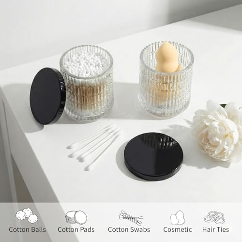 MKOSAB 2 Pack Qtip Holder Bathroom Set - Glass Apothecary Jars with Lids, Canisters for Cotton Balls.Swabs, Floss Picks, Hair Ties - Vanity Organizer & Vintage Bathroom Storage (Clear) - Image 3