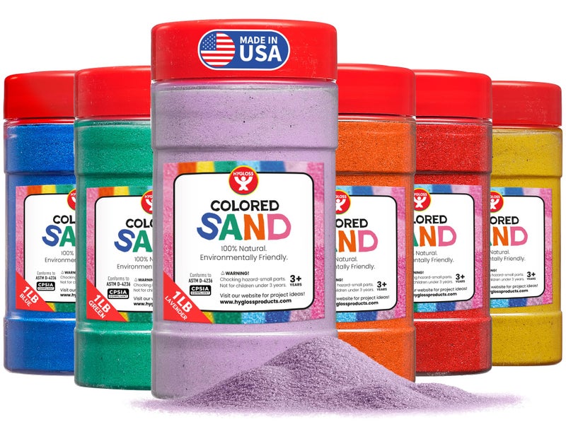 Hygloss Colored Sand for Crafts 6 Assorted Colors 1 lb Vibrant Colorful Fine Sensory Play Sand Art Kits for Kids Classroom Activities for Children 3 4 5 6 7 8 9 10 11 12 Safe for Ages 3