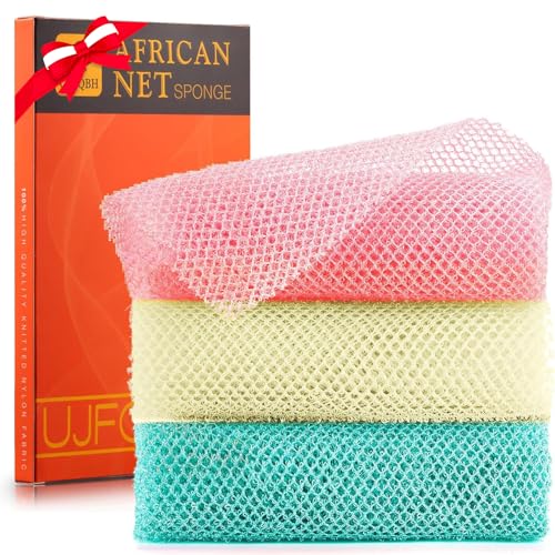 UJFQBH 3 Pieces African Net Sponge, African exfoliating net African Net Long Net Bath Sponge Exfoliating Shower Body Scrubber Back Scrubber Skin Smoother（Pink, Green, Off-White） - Image 1
