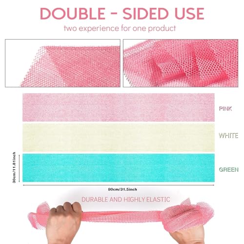 UJFQBH 3 Pieces African Net Sponge, African exfoliating net African Net Long Net Bath Sponge Exfoliating Shower Body Scrubber Back Scrubber Skin Smoother（Pink, Green, Off-White） - Image 3