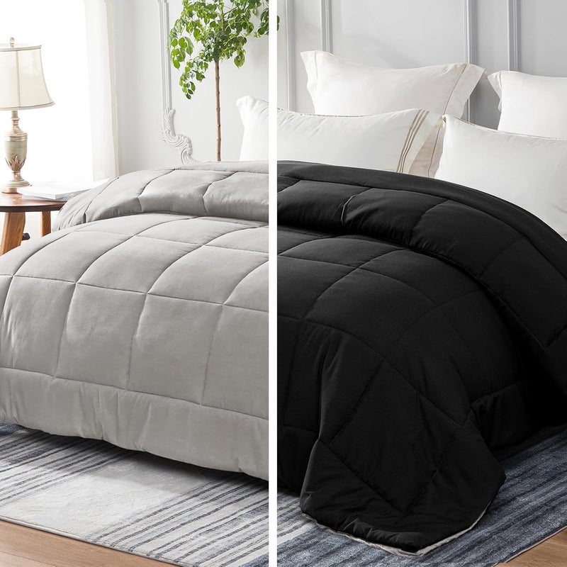 Reversible Duvet Double Size for All Seasons, 7.5 Tog Down Alternative Box Sitiched Duvets, Lightweight and Machine Washable Comforter, 200X200 cm, Black,Light Grey | 200 x 200 cm, Breathable Box-Stitch Microfibre Comforter, Machine Washable, All Seasons, Bed Bedroom Hotel, Black, Light Grey - Image 1