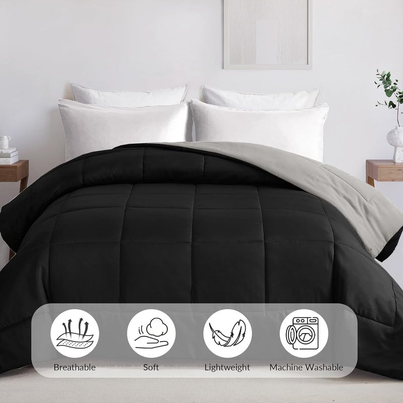 Reversible Duvet Double Size for All Seasons, 7.5 Tog Down Alternative Box Sitiched Duvets, Lightweight and Machine Washable Comforter, 200X200 cm, Black,Light Grey | 200 x 200 cm, Breathable Box-Stitch Microfibre Comforter, Machine Washable, All Seasons, Bed Bedroom Hotel, Black, Light Grey - Image 2
