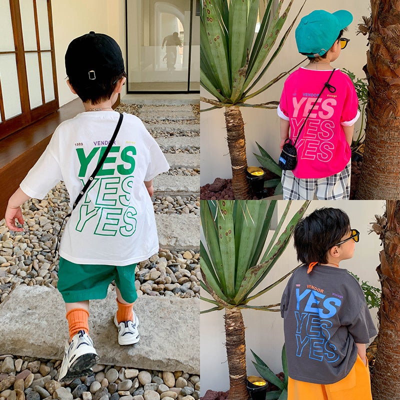 Children'S Wear Baby'S Summer 2023 New White Yes Letter Printed Boys T-Shirt Short-Sleeved Ins Trendy Brand - Image 2