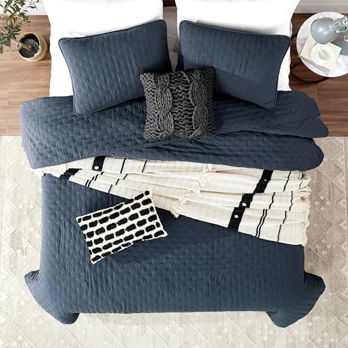 ROARINGWILD Navy Blue Queen Size Quilt Bedding Set with Pillow Shams, Lightweight Soft Bedspread Coverlet, Quilted Blanket Thin Comforter Bed Cover, All Season, 3 Piece, 90x90 inches - Image 2