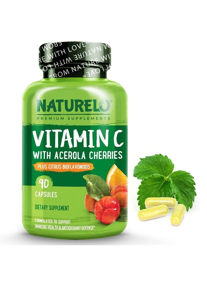 NATURELO Vitamin C with Organic Acerola Cherry Extract and Citrus Bioflavonoids - Vegan Supplement - Immune Support - 500 mg VIT C per Cap - Non-GMO - 90 Capsules - Image 1