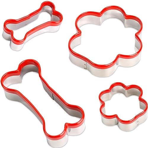 COOKIEQUE 4 Pcs Dog Bone & Paw Cookie Cutters - Dog Treats Cutter Set, Soft PVC Coated - Image 1