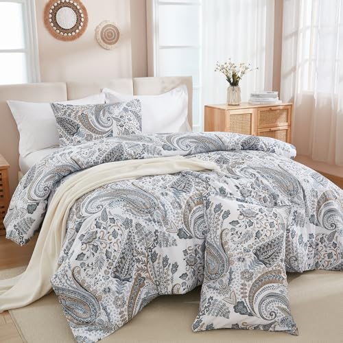 Cozaline Grey Blue Paisley Comforter Set Queen Size 3 Pieces 100 Cotton Boho Paisley Pattern Bedding Set All Season Soft Cotton Lightweight Reversible Comforter