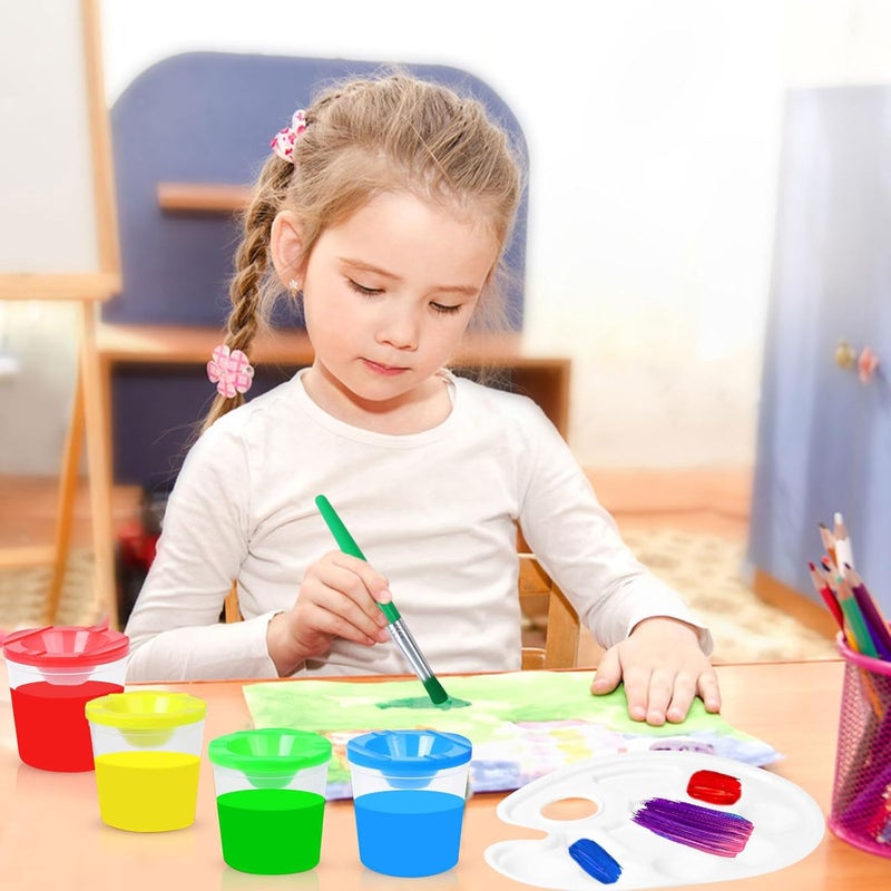 STEFORD 4 PCS Kids No Spill Paint Cups with Lids and 4 Pack Paint Brushes and a Palette Tray for Chlidren Beginners Arts Crafts Supplies - Image 4
