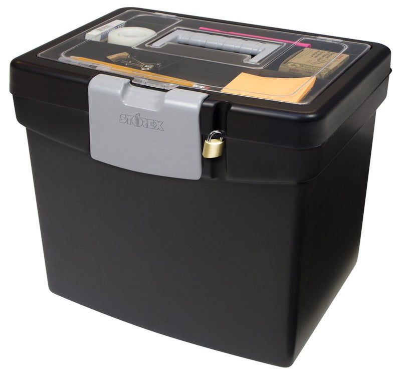 Storex 61504B02C Portable File Box with XL Lid, 11 x 13-1/2 x 11 Inches, Black - Image 1