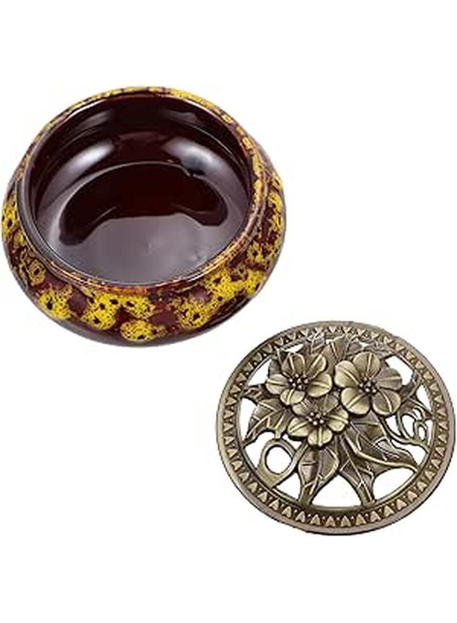 Crackle Glaze Ceramic Incense Burner with Copper Lid Aromatherapy Meditation Home Decor - Image 1