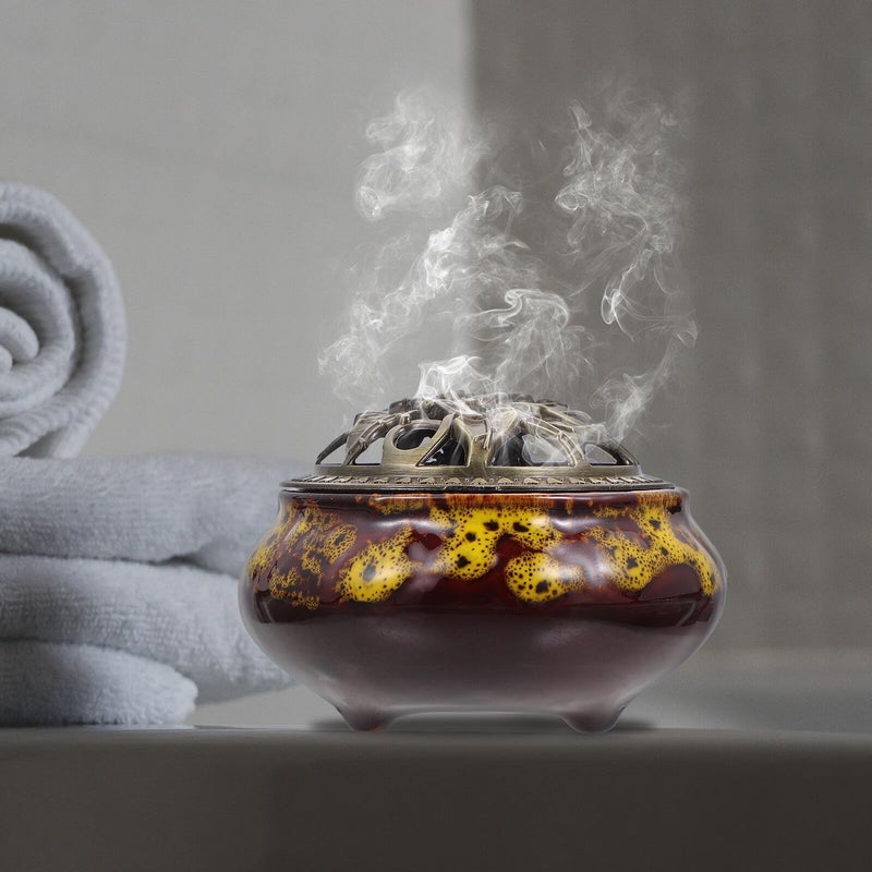 Crackle Glaze Ceramic Incense Burner with Copper Lid Aromatherapy Meditation Home Decor - Image 5