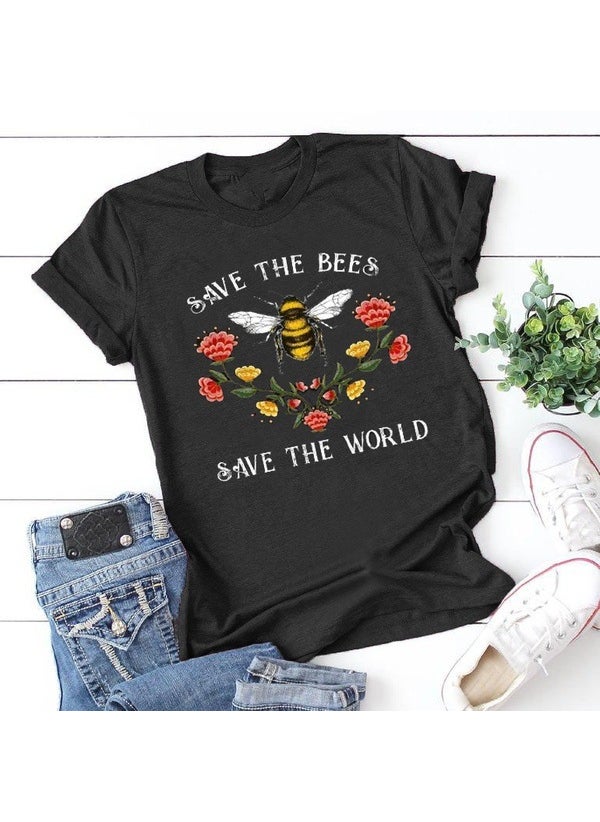 Generic - Save The Bee Honey Bee Flower Print Short Sleeve T-Shirt Street Style Cotton Crew Neck Decorated With Non-Embroidered Patches Black - Image 1