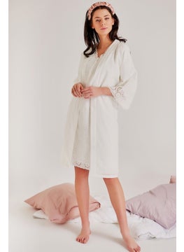 Magic Form 36110 Embroidered Short Sleeve Cotton Dressing Gown Maternity Nightgown Set Ecru  - Image 1