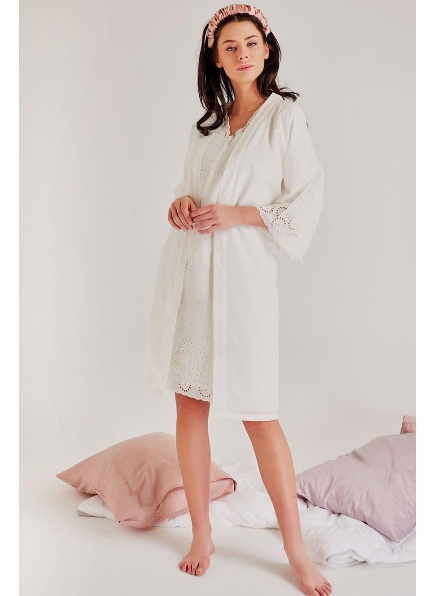 Magic Form 36110 Embroidered Short Sleeve Cotton Dressing Gown Maternity Nightgown Set Ecru  - Image 1