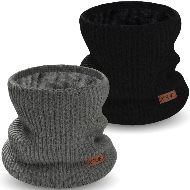 XFUEL Kids Neck Warmer, 2 Pack, Knitted Winter Neck Gaiter, Fleece Lined Infinity Scarf for Boys Girls (black,dark grey) - Image 1