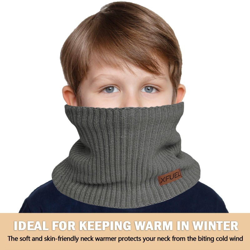 XFUEL Kids Neck Warmer, 2 Pack, Knitted Winter Neck Gaiter, Fleece Lined Infinity Scarf for Boys Girls (black,dark grey) - Image 5