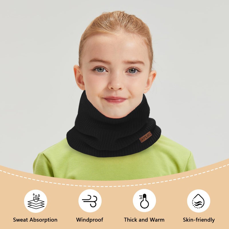 XFUEL Kids Neck Warmer, 2 Pack, Knitted Winter Neck Gaiter, Fleece Lined Infinity Scarf for Boys Girls (black,dark grey) - Image 4