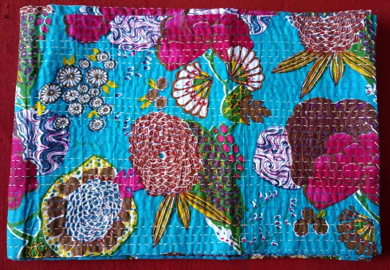 Textile export creations إبداعات تصدير الأقمشة إبداعات تقليدية عرقية قنطة هندية مفروشات مفردة زمردية قطنية استوائية فواكه مخيطة يدويًا غطاء سرير بواسطة إبداعات تصدير الأقمشة 90x60 بوصة - Image 2