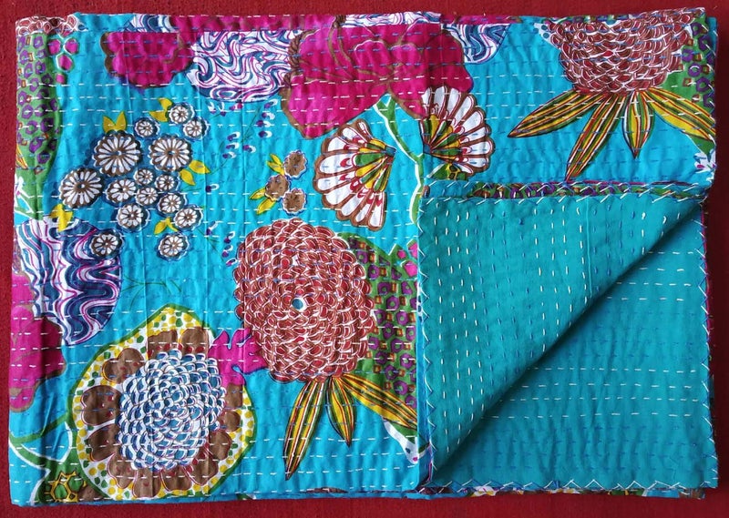Textile export creations إبداعات تصدير الأقمشة إبداعات تقليدية عرقية قنطة هندية مفروشات مفردة زمردية قطنية استوائية فواكه مخيطة يدويًا غطاء سرير بواسطة إبداعات تصدير الأقمشة 90x60 بوصة - Image 3
