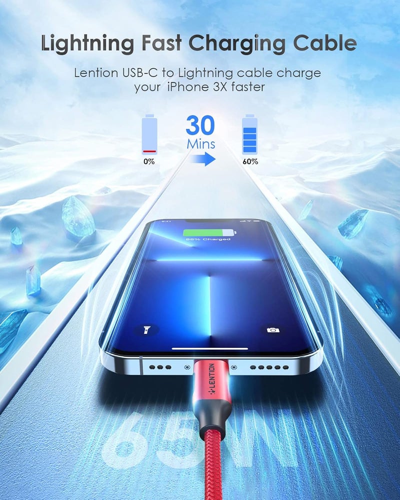 LENTION USB-C to Lightening Charging Cable 3ft(1M) & Stable Driver Certified iPhone 14 Charger Cord Compatible with iPhone 14/14 Plus/14 Pro/14 Pro Max/13/12/11/X/8/SE, iPad 8th- (CLA-Red) - Image 2