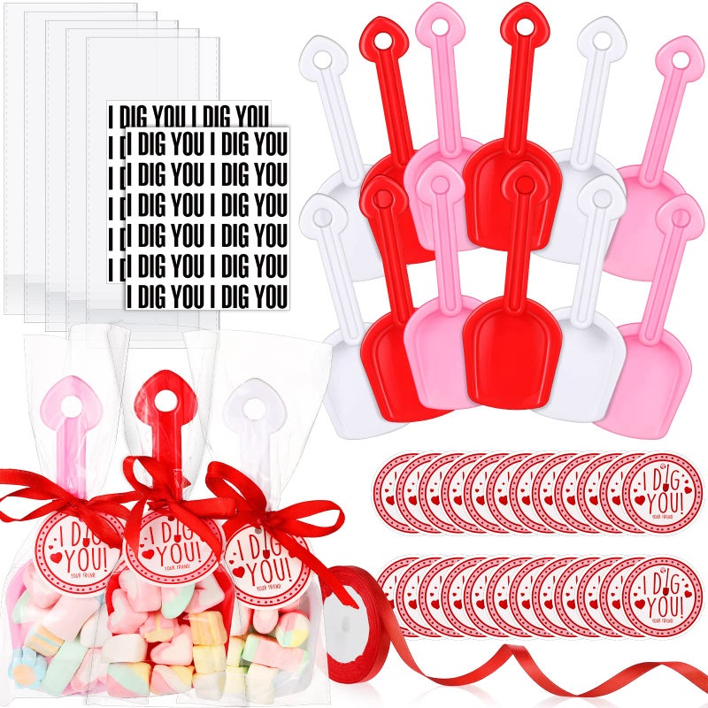 Chumia 85 Pieces Valentine's Day I Dig You Shovels with I Dig You Stickers and Tags, Gift Candy Bags and Ribbon for Valentines Party Favors Exchange Prizes - Image 1