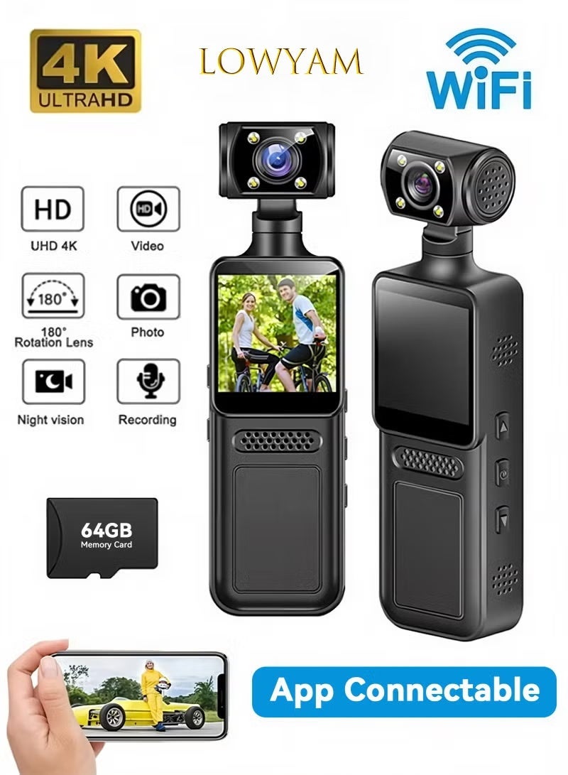Lowyam 4K Ultra HD Action Camera with 180° Rotatable Wide Angle, APP Control, 64GB Card Included. Simultaneous Video & Audio Recording, Long Battery Life for Outdoor Vlogging, Cycling, and Travel. - Image 1