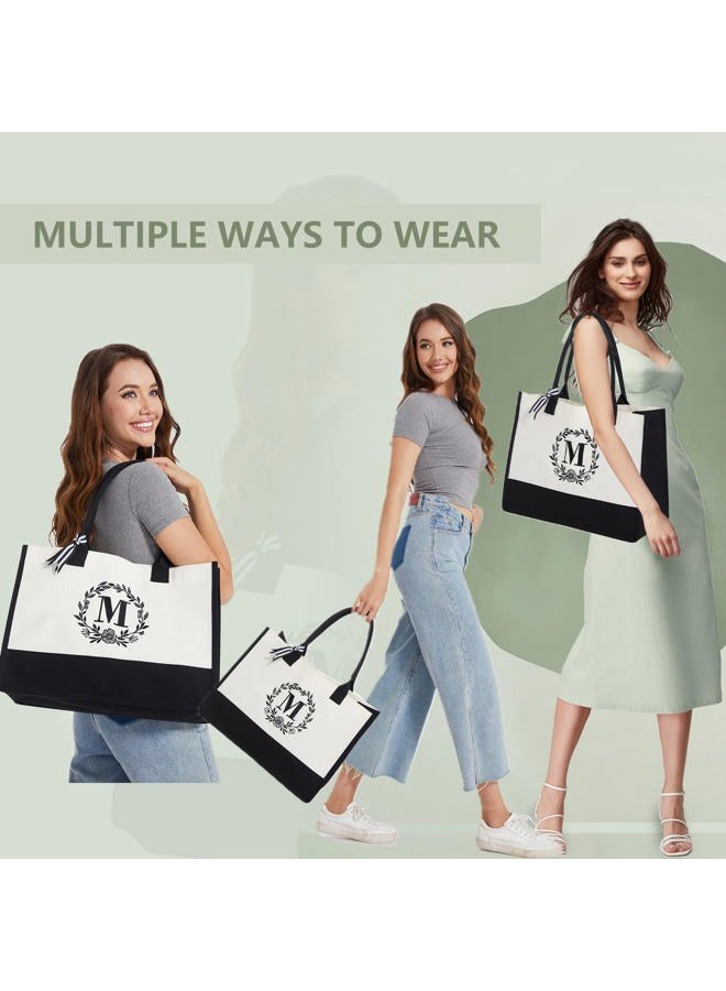 BeeGreen Embroidery Monogram Initial Tote Bag for Women Teacher Mom Friend Personalized Gift for Birthday Beach Wedding Work, Natural With Black, V - Image 5