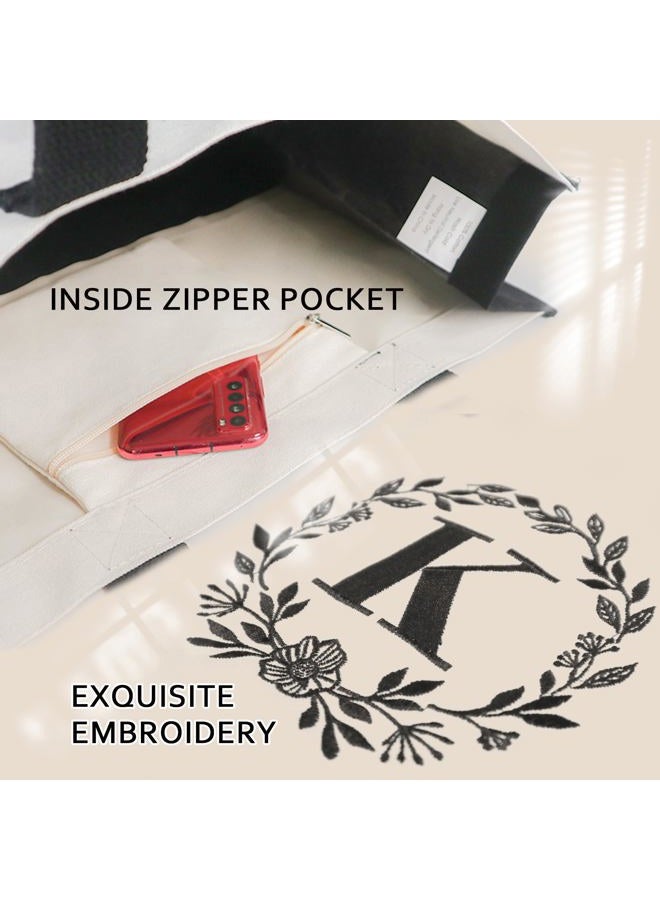 BeeGreen Embroidery Monogram Initial Tote Bag for Women Teacher Mom Friend Personalized Gift for Birthday Beach Wedding Work, Natural With Black, V - Image 3