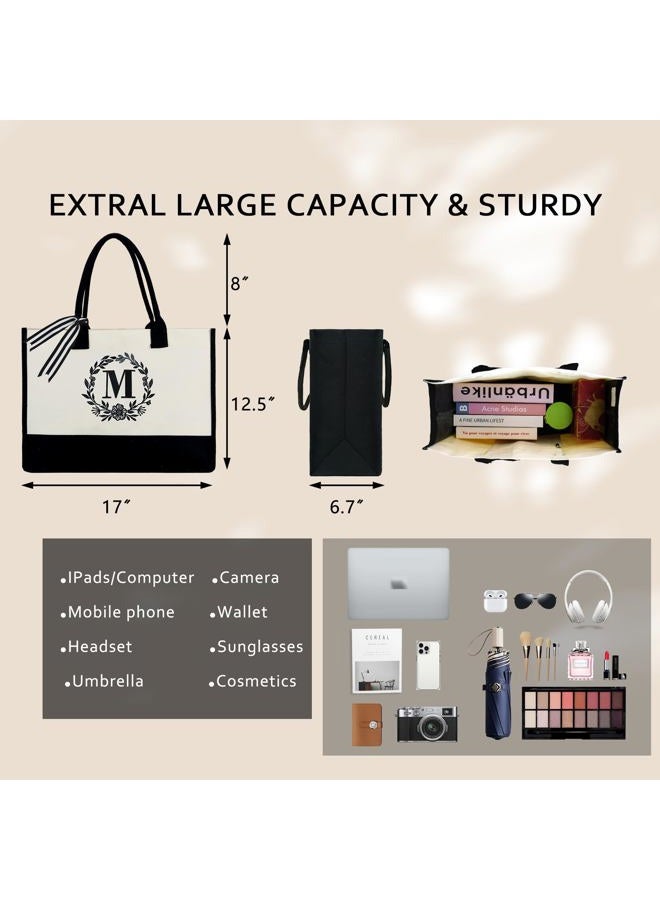 BeeGreen Embroidery Monogram Initial Tote Bag for Women Teacher Mom Friend Personalized Gift for Birthday Beach Wedding Work, Natural With Black, V - Image 2