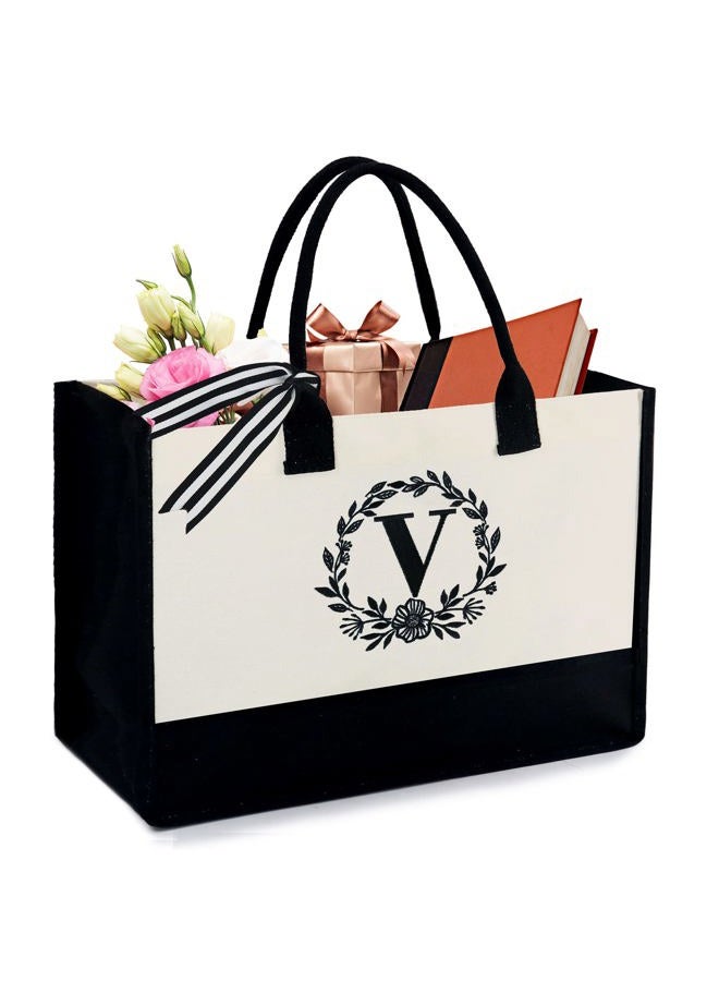 BeeGreen Embroidery Monogram Initial Tote Bag for Women Teacher Mom Friend Personalized Gift for Birthday Beach Wedding Work, Natural With Black, V - Image 1