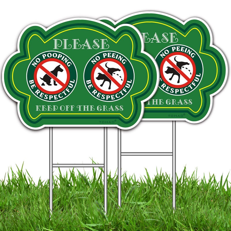 TOHAO No Peeing and No Pooping Dog Sign 2 Pack, Double Sided Please Be Respectful Keep Off The Grass Yard Signs with Metal Wire H-Stakes, 14" x 10", UV Protected & Waterproof, Outdoor Use - Image 1