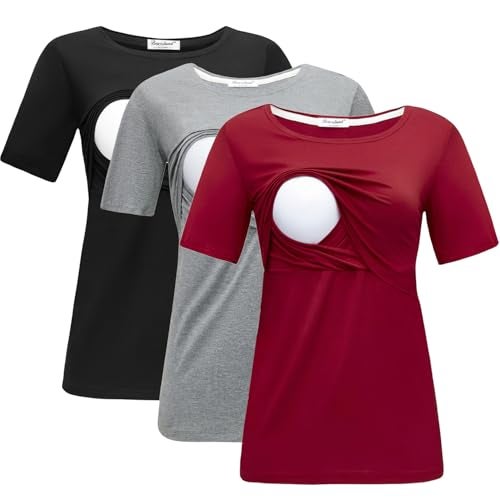 Bearsland Women's 3 Packs Maternity Nursing Tops Short Sleeve Breastfeeding Shirts,blackgrayred,L - Image 1