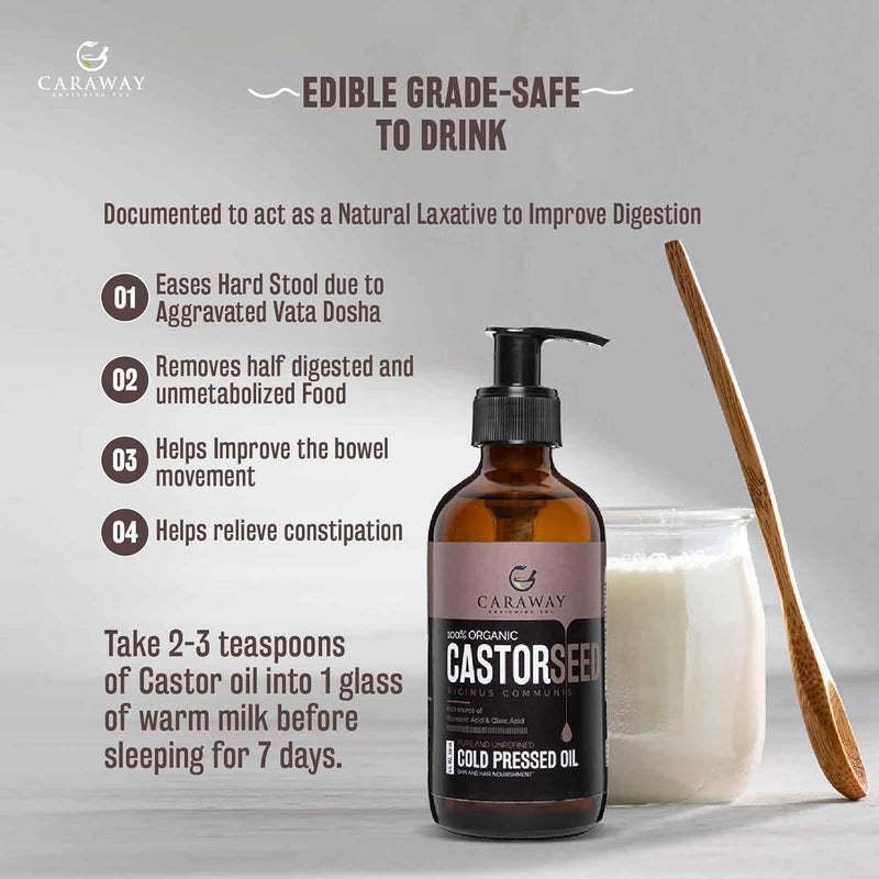 CARAWAY Organic Cold Pressed Castor Oil  Edible for Constipation Relief  HexaneFree Castor Oil for Hair Growth liver detox Skin  Joint pain glass bottle  236 ml  8 oz - Image 2