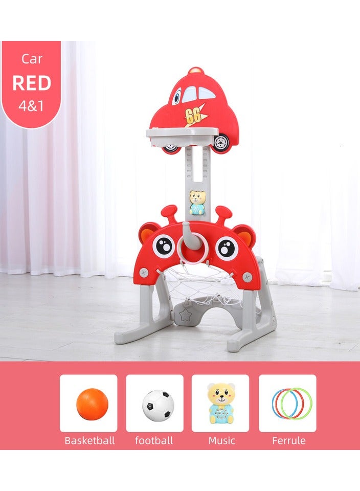 FULL JOY 4*1 Multifunctional Car-Shape Basketball Set Combines Basketball Game, Football Game ,Music  and Ring Toss Game ,Red  - Image 1