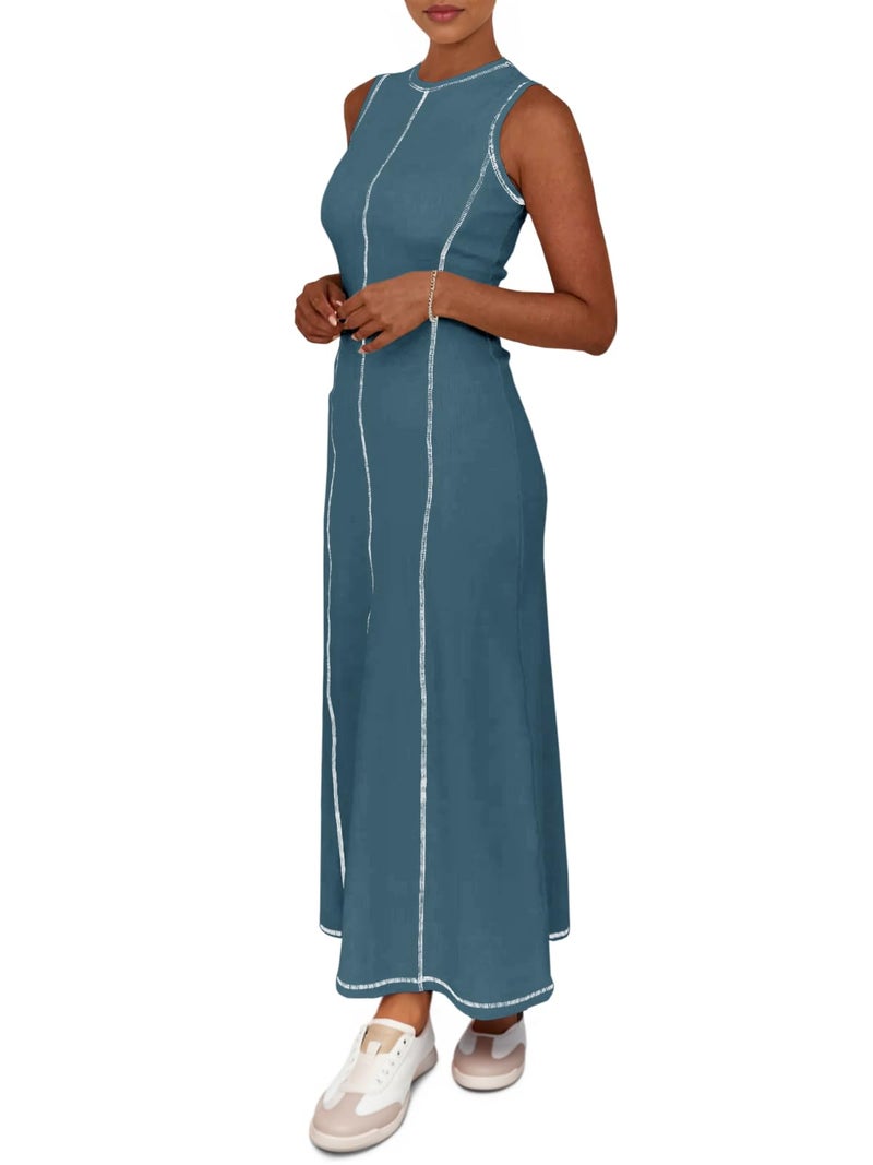 Wenrine Womens Tank Maxi Dress Sleeveless Crew Neck Knit Ribbed Summer Contrast Stitch Dresses Blue - Image 4