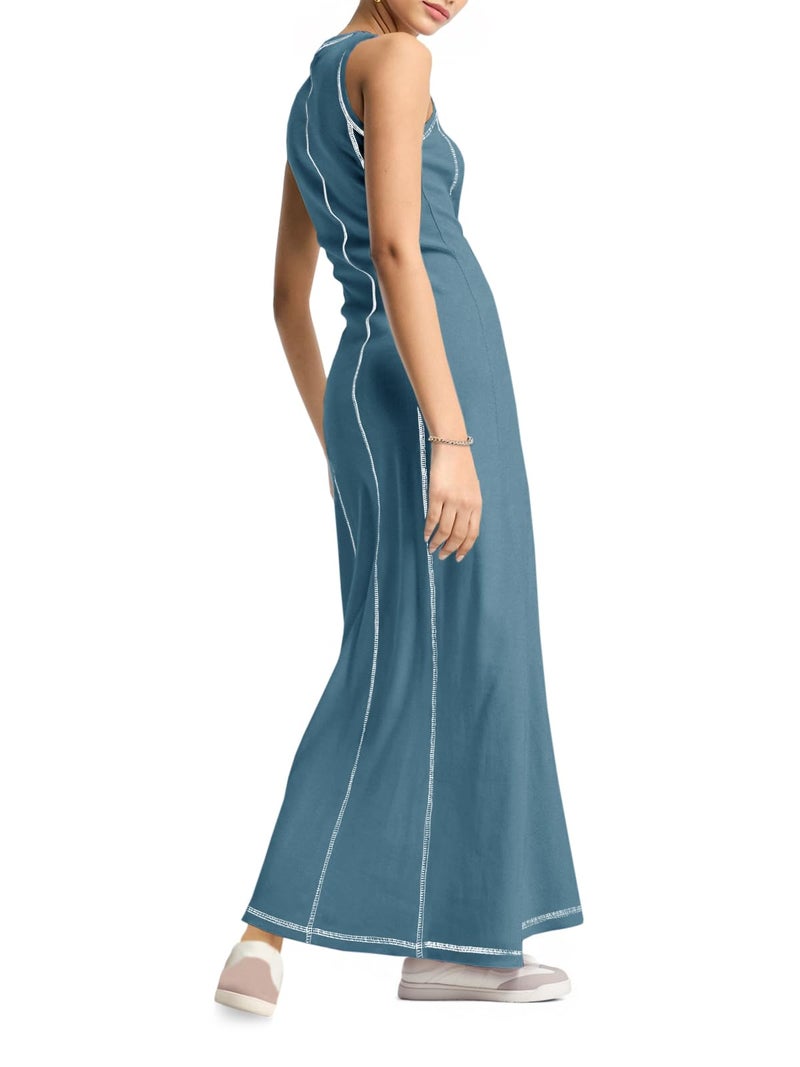 Wenrine Womens Tank Maxi Dress Sleeveless Crew Neck Knit Ribbed Summer Contrast Stitch Dresses Blue - Image 5